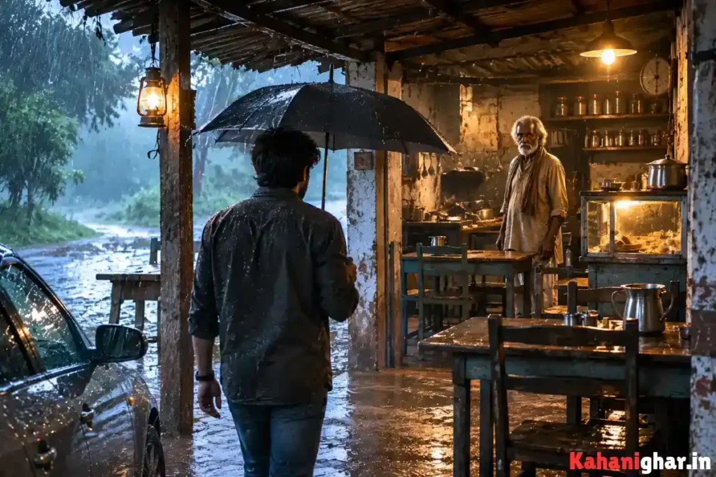 सच्ची हॉरर स्टोरी में रोहन बारिश में सुनसान ढाबे पर बूढ़े आदमी से मिलता हुआ