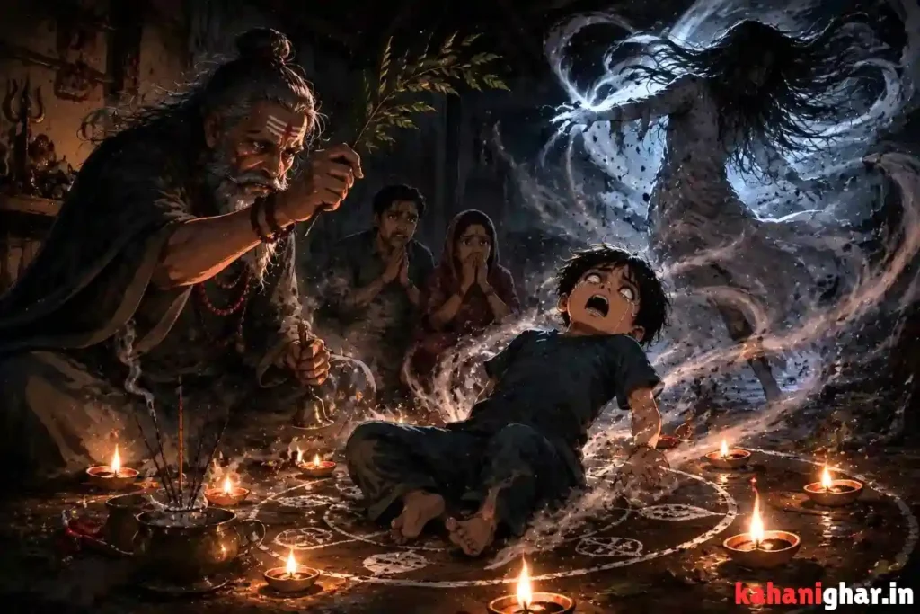 तांत्रिक बाबा द्वारा बच्चे की झाड़-फूंक करते समय दिखाई देती रहस्यमयी चुड़ैल