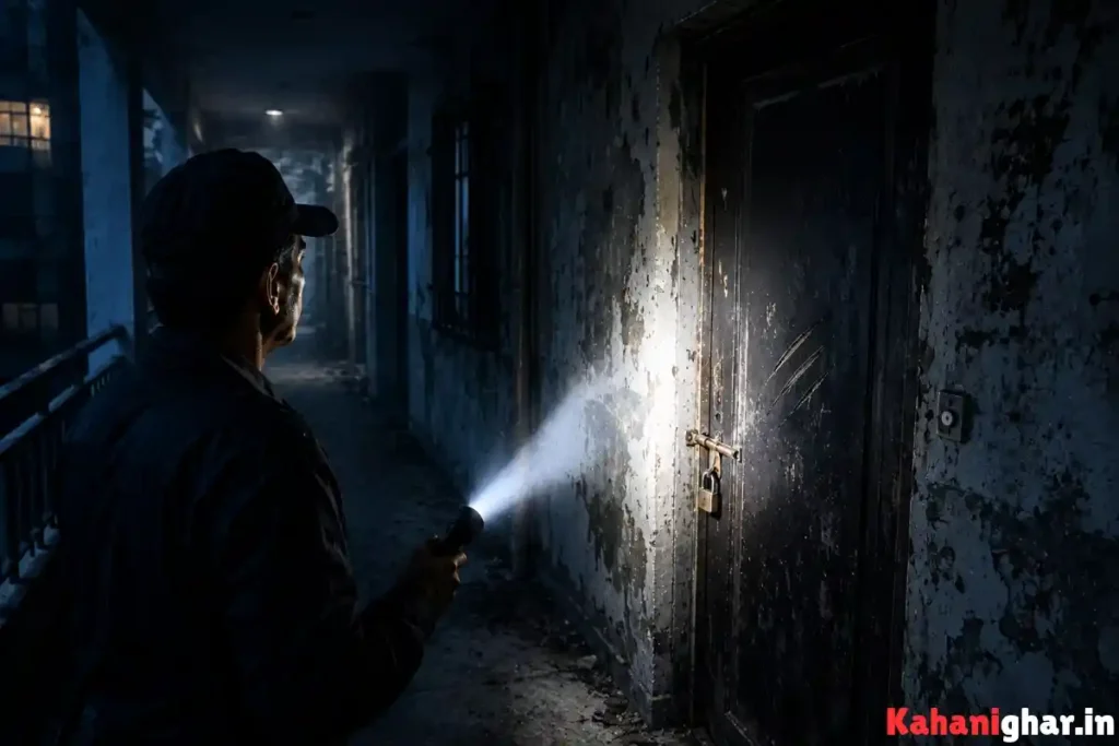 Hindi Horror Story में चौकीदार रामसिंह रात के अंधेरे में बंद फ्लैट के दरवाजे पर टॉर्च की रोशनी डालता हुआ