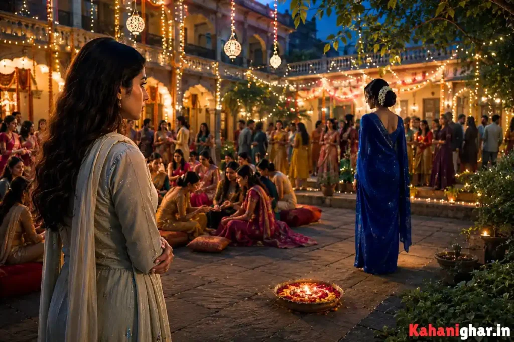 Horror Story in Hindi में रिया शादी के आंगन में नीली साड़ी वाली रहस्यमयी औरत को देखती हुई