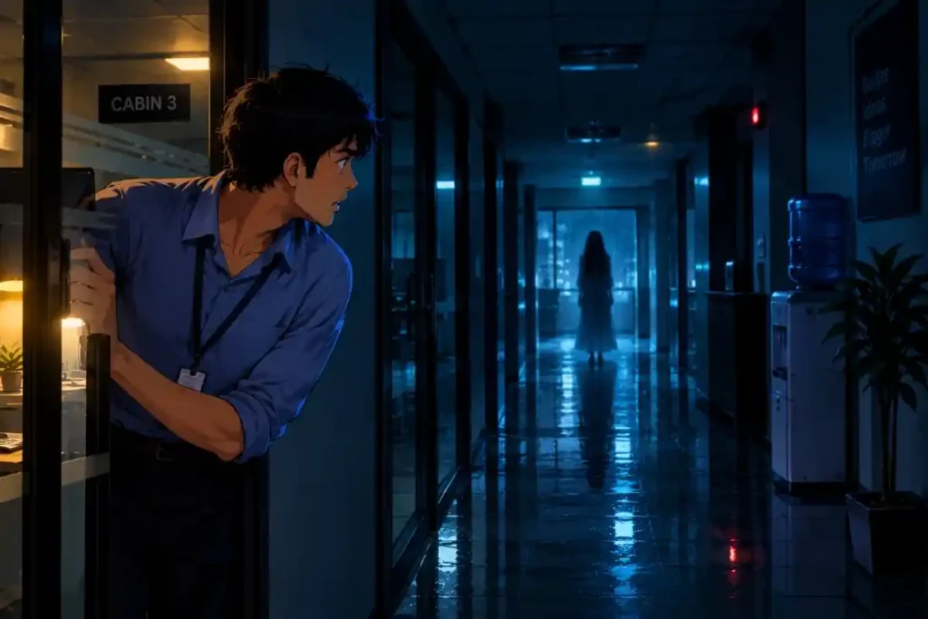 Night Shift Horror Story in Hindi में सुनसान ऑफिस के गलियारे में रहस्यमयी परछाई को देखता विवेक
