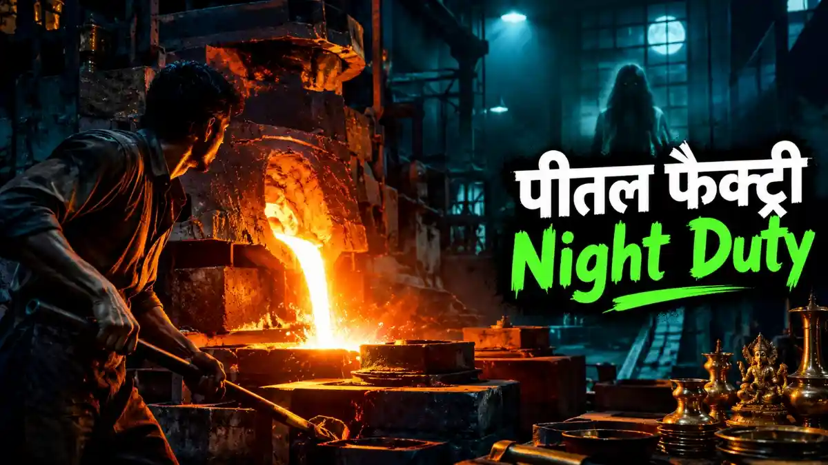 Factory Night Duty Horror Story in Hindi — मुरादाबाद की पुरानी पीतल फैक्ट्री में रात की ड्यूटी और जलती भट्टी का डरावना दृश्य।