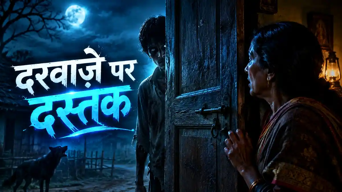 अमावस की रात दरवाजे पर दस्तक | Hindi Horror Story में एक रहस्यमयी लड़का रात में पुराने घर के दरवाजे पर खड़ा है और उसकी माँ अंदर से उसे देख रही है