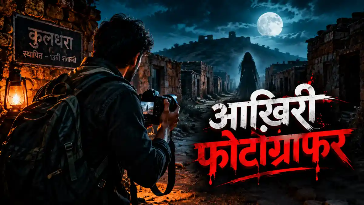 Kuldhara Haunted Place Story – कुलधरा गाँव की डरावनी रात में कैमरा लिए फोटोग्राफर और पीछे खड़ी रहस्यमयी परछाई