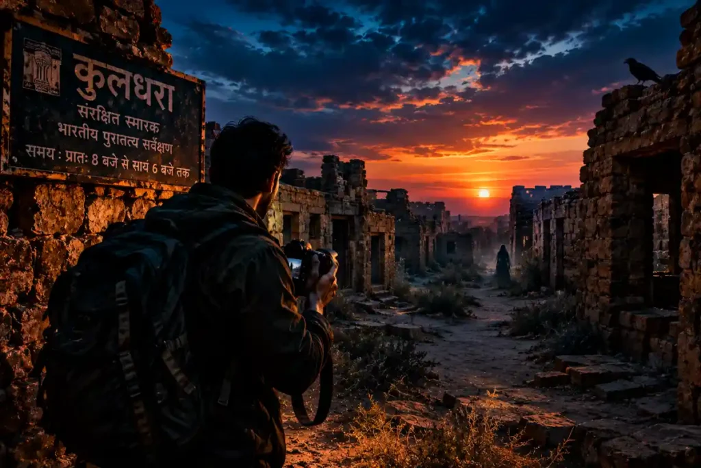 Kuldhara Haunted Place Story – सूर्यास्त के समय वीरान कुलधरा गाँव की पत्थर की गलियों में फोटोग्राफी करता आरव