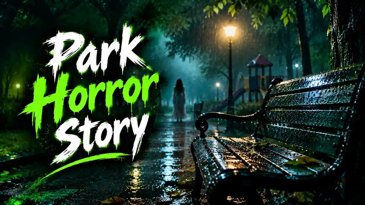 Park Horror Story – रात के अंधेरे में बारिश से भीगी रहस्यमयी पार्क की बेंच और धुंध में दिखाई देती एक डरावनी परछाई