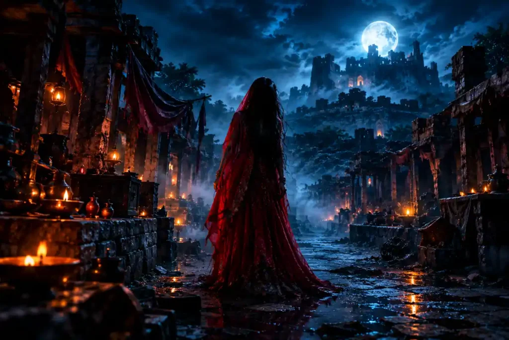 Bhangarh Fort Haunted Horror Story में सुनसान बाज़ार के बीच खड़ी लाल लहँगे वाली रहस्यमयी भूतिया औरत