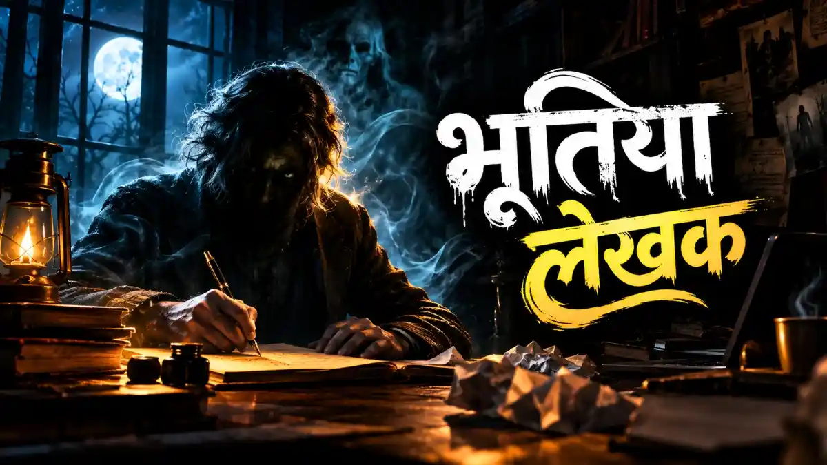 एक अंधेरे कमरे में लालटेन की रोशनी में लिखते हुए लेखक और रहस्यमयी साये को दर्शाती हुई लेखक की भूतिया कहानी की इमेज।