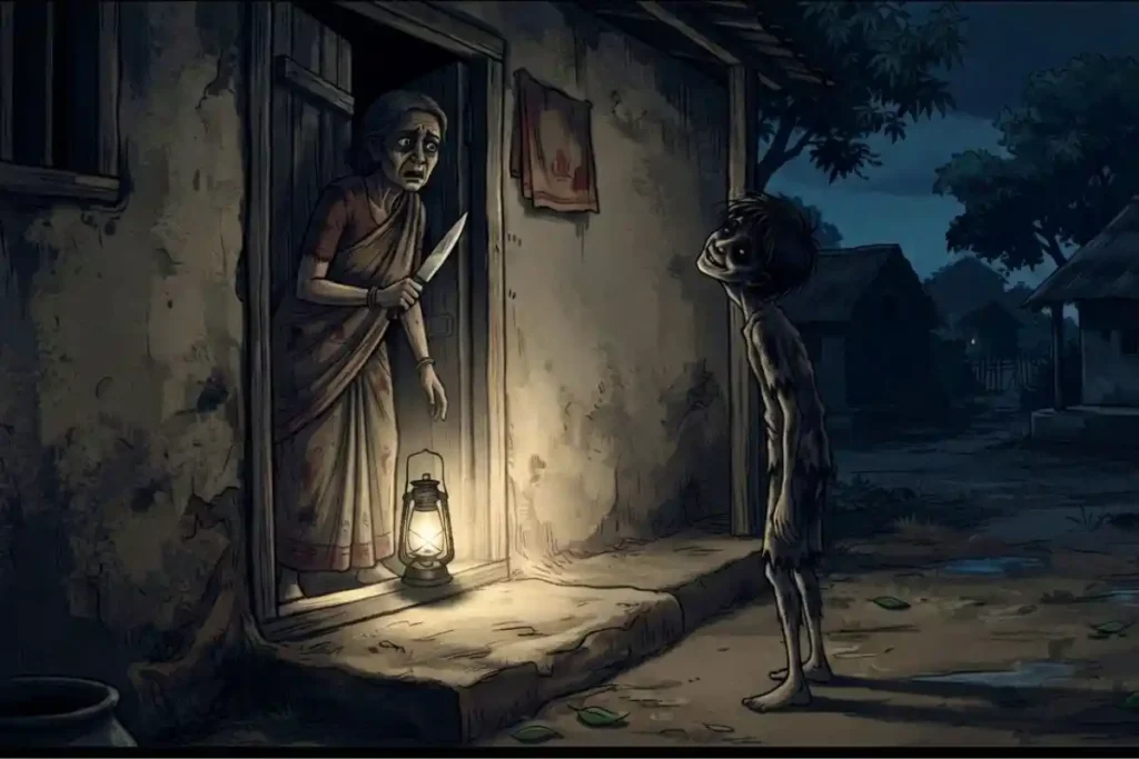 अमावस की रात दरवाजे पर दस्तक | Hindi Horror Story - डरी हुई माँ और नक़ली बेटा: इस सिनेमैटिक हॉरर दृश्य में एक वृद्ध भारतीय महिला हाथ में चाकू लिए घर की चौखट पर खड़ी है, जबकि बाहर आंगन में एक दुबला-पतला लड़का अपनी गर्दन को भयानक रूप से टेढ़ा करके उसे घूर रहा है।