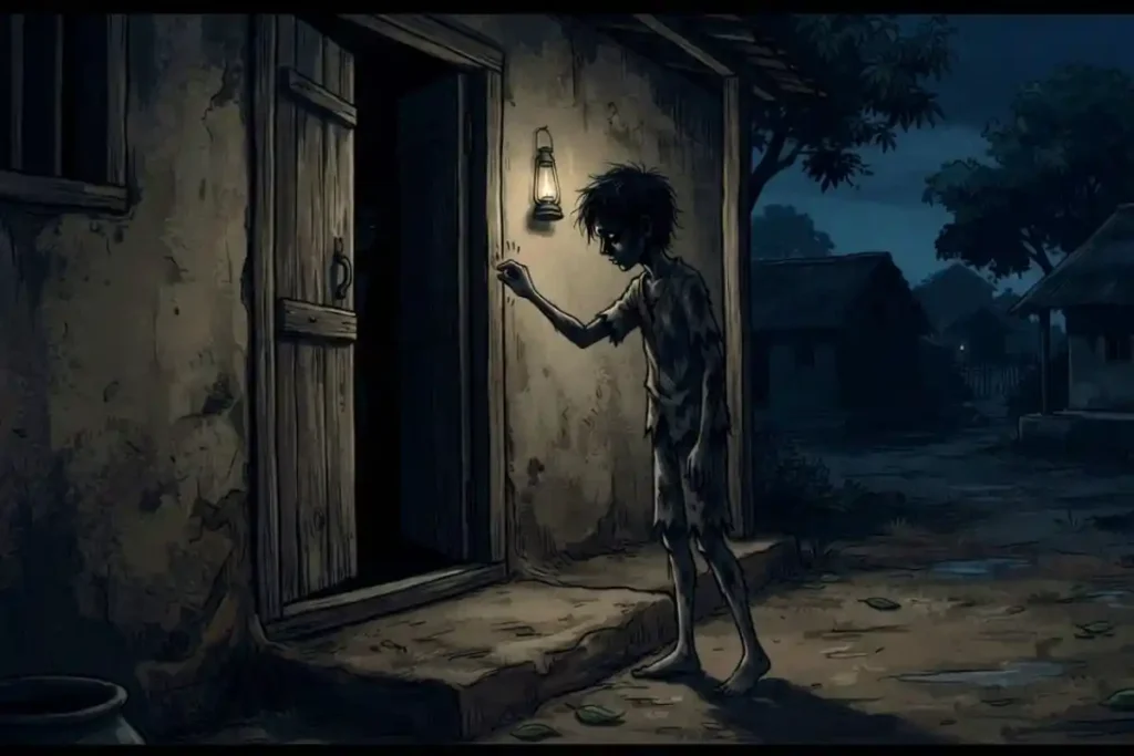 अमावस की रात दरवाजे पर दस्तक | Hindi Horror Story - देहरी पर खड़ा साया: यह 2D हॉरर आर्टवर्क अमावस की घनी अंधेरी रात में एक पुराने भारतीय घर के दरवाजे का है, जहां एक रहस्यमयी और डरावनी परछाईं जैसा लड़का दस्तक दे रहा है, जिससे कहानी का तनावपूर्ण माहौल झलकता है।